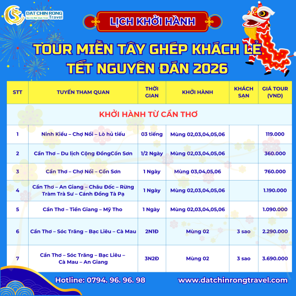 LỊCH KHỞI HÀNH TOUR MIỀN TÂY TẾT NGUYÊN ĐÁN 2026